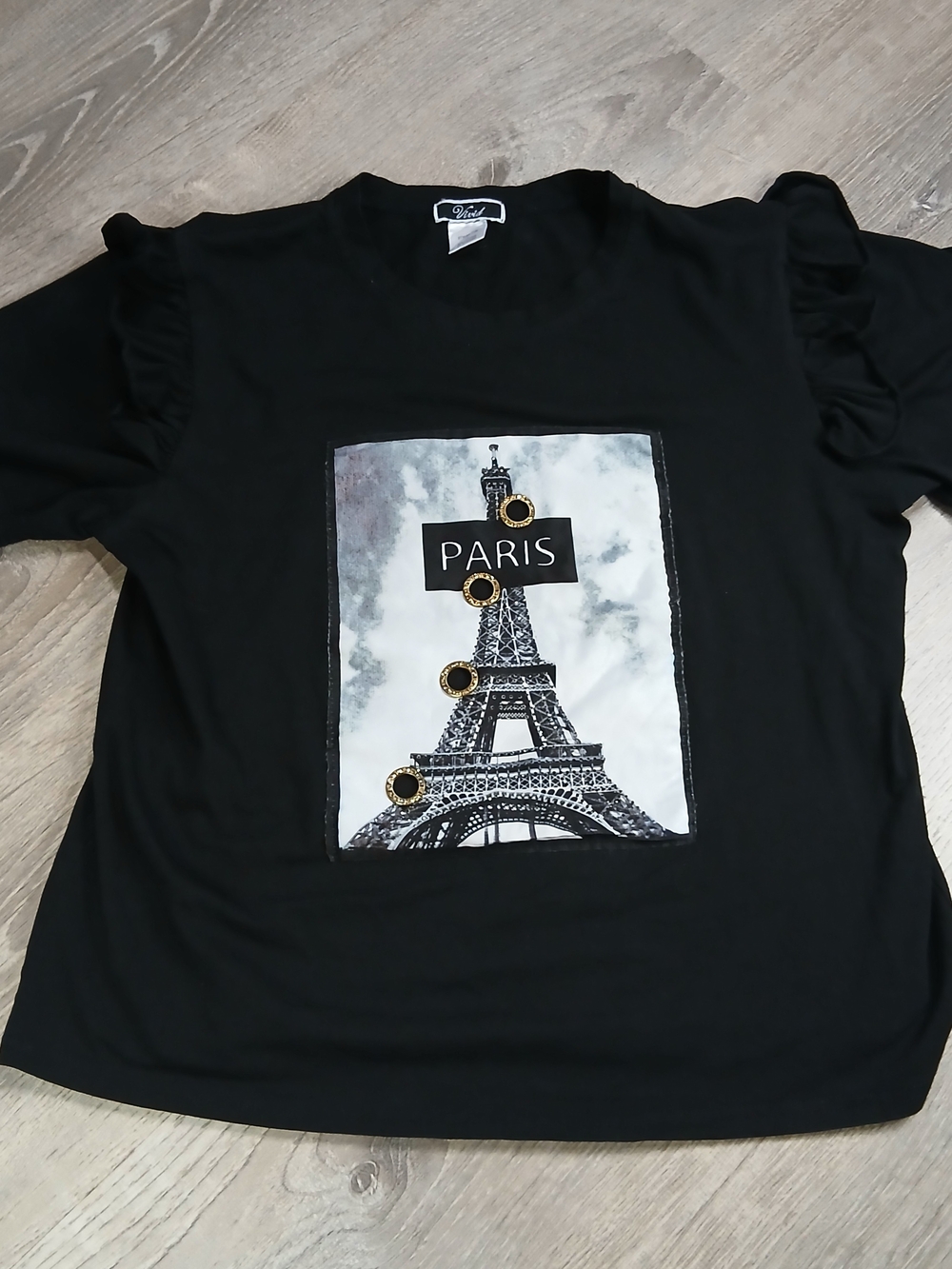 Vivid Black Graphic Tee Paris Eiffel Tower Rhinestones Gold Accent Ruffle Large